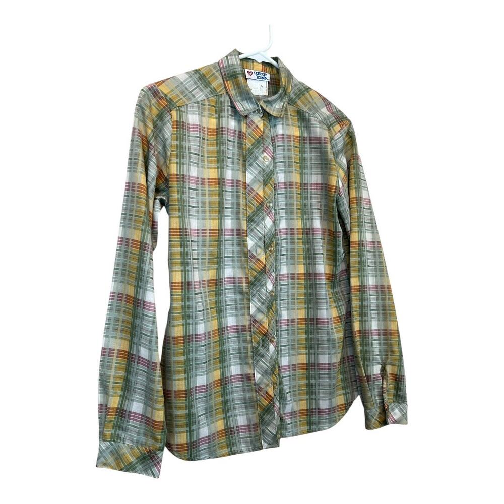 Vintage Plaid Button Up Blouse Shirt Top Retro 70s 80s Neutral - Picture 4 of 6